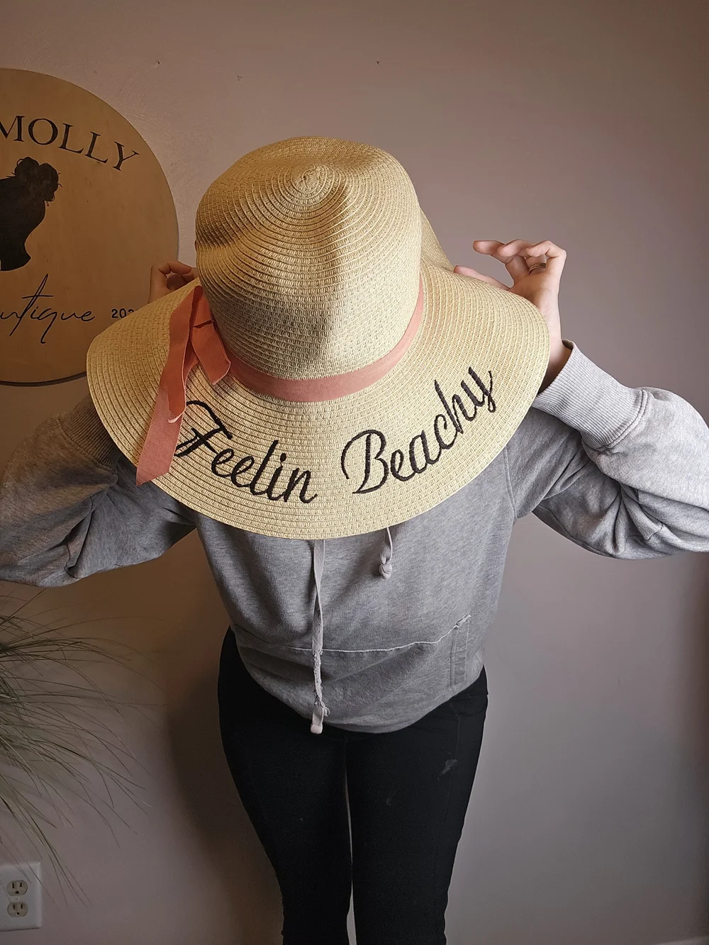 Straw Wide-Brim Sun Hat with Pink Ribbon - Feelin Beachy Script
